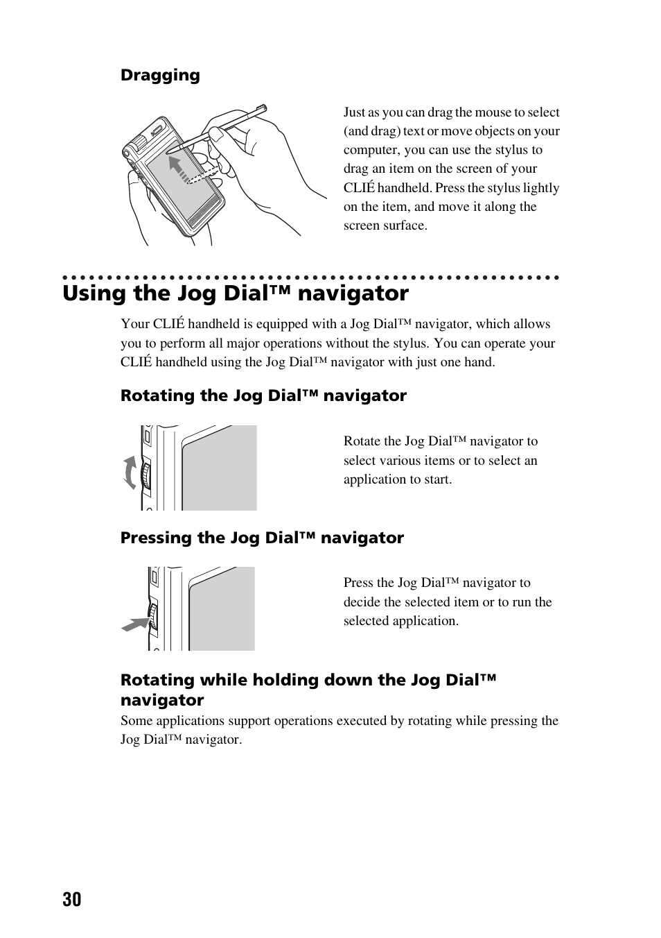 Using the jog dial™ navigator | Sony PEG-NX60 User Manual | Page 30 / 104