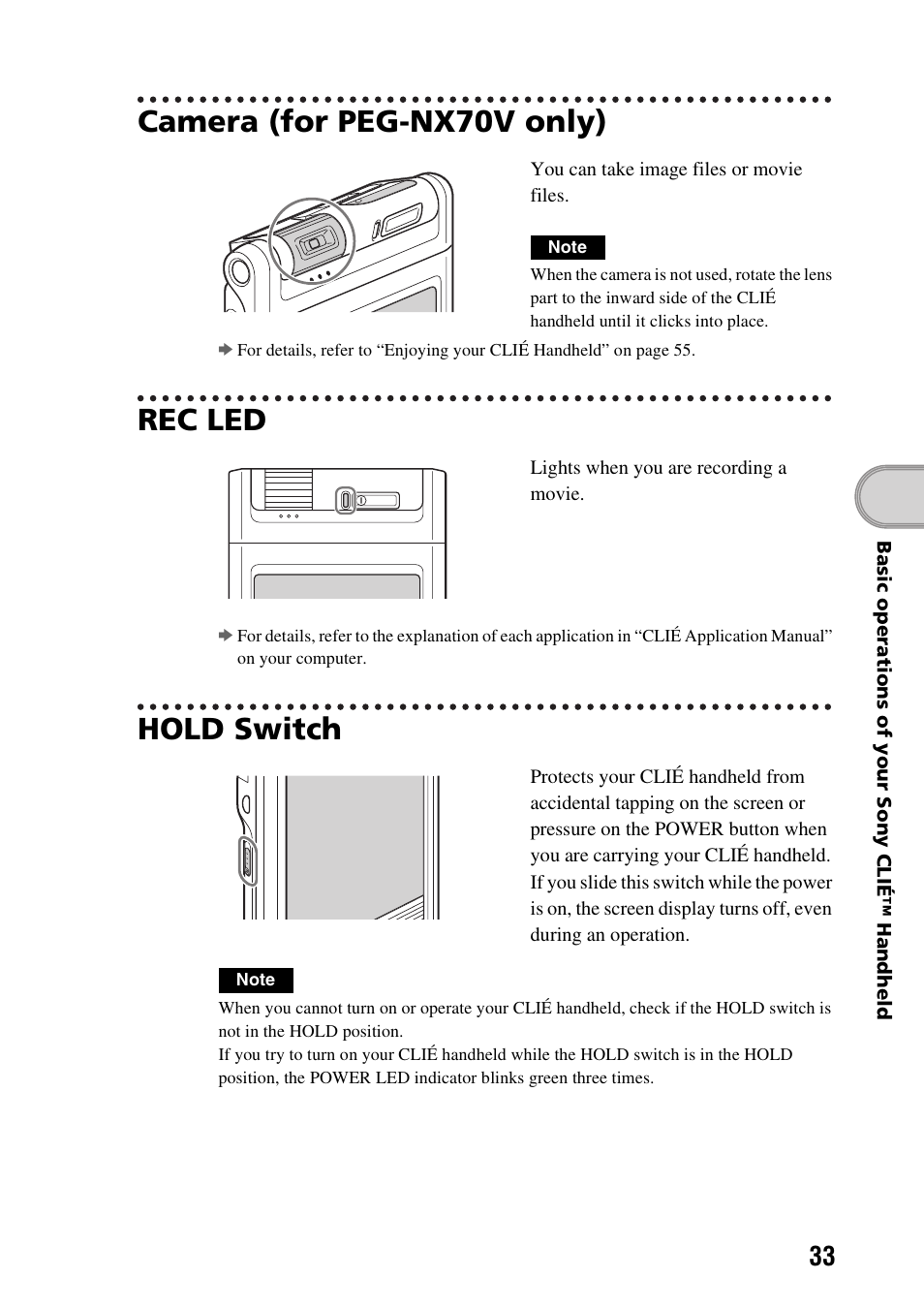 Camera (for peg-nx70v only), Rec led, Hold switch | Age 33), Age 33 | Sony PEG-NX60 User Manual | Page 33 / 104