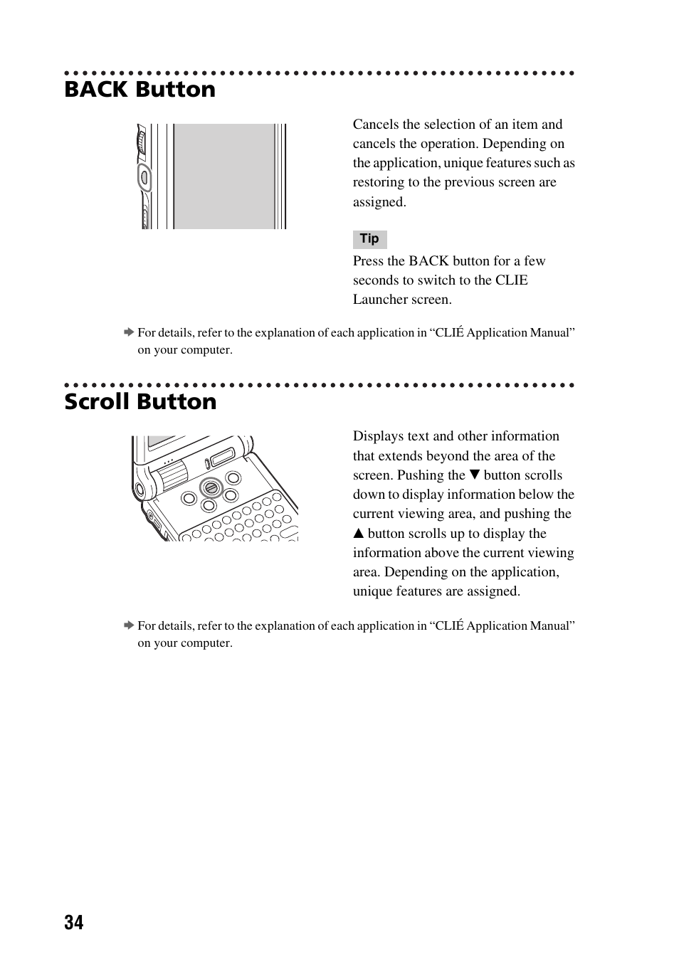 Back button, Scroll button, E 34) | Sony PEG-NX60 User Manual | Page 34 / 104