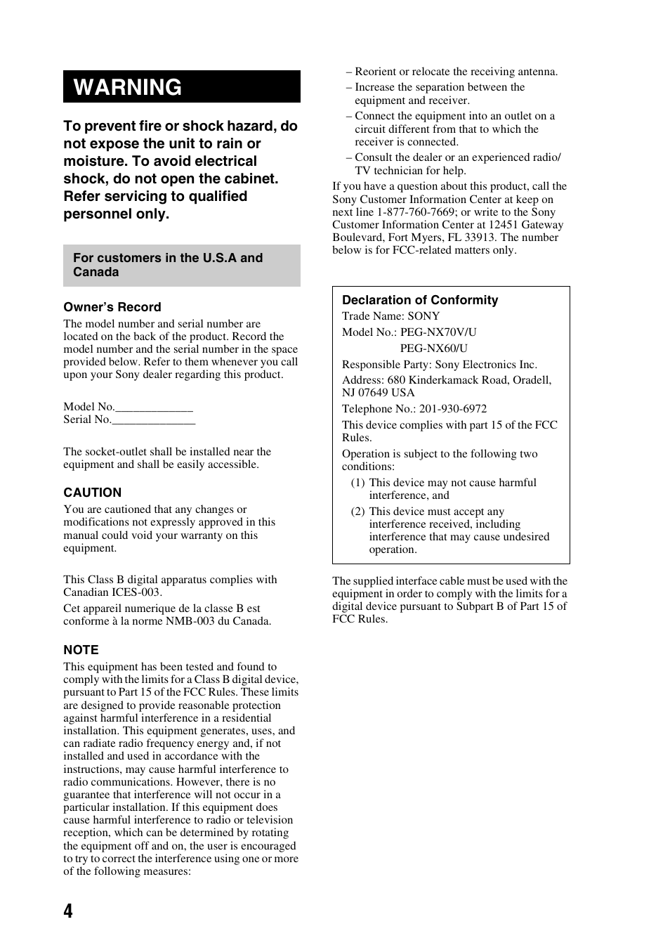 Warning | Sony PEG-NX60 User Manual | Page 4 / 104