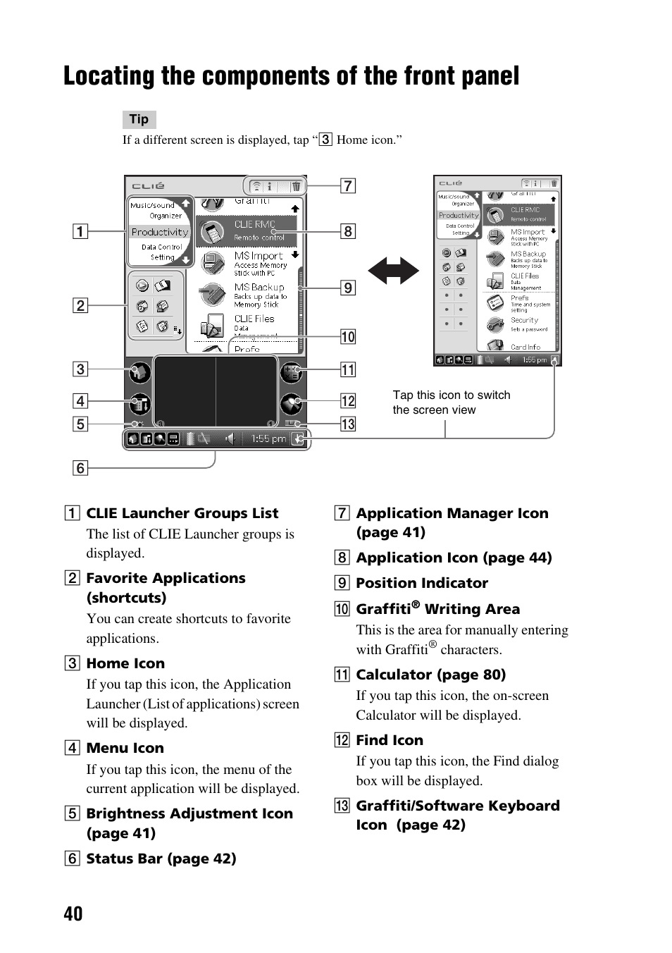 Locating the components of the front panel, Locating the components of the front, Panel | Sony PEG-NX60 User Manual | Page 40 / 104