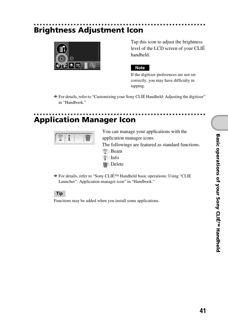 Brightness adjustment icon, Application manager icon | Sony PEG-NX60 User Manual | Page 41 / 104