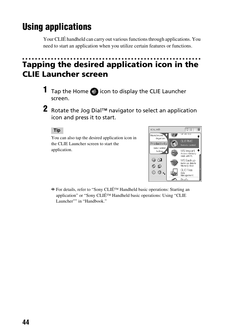 Using applications | Sony PEG-NX60 User Manual | Page 44 / 104