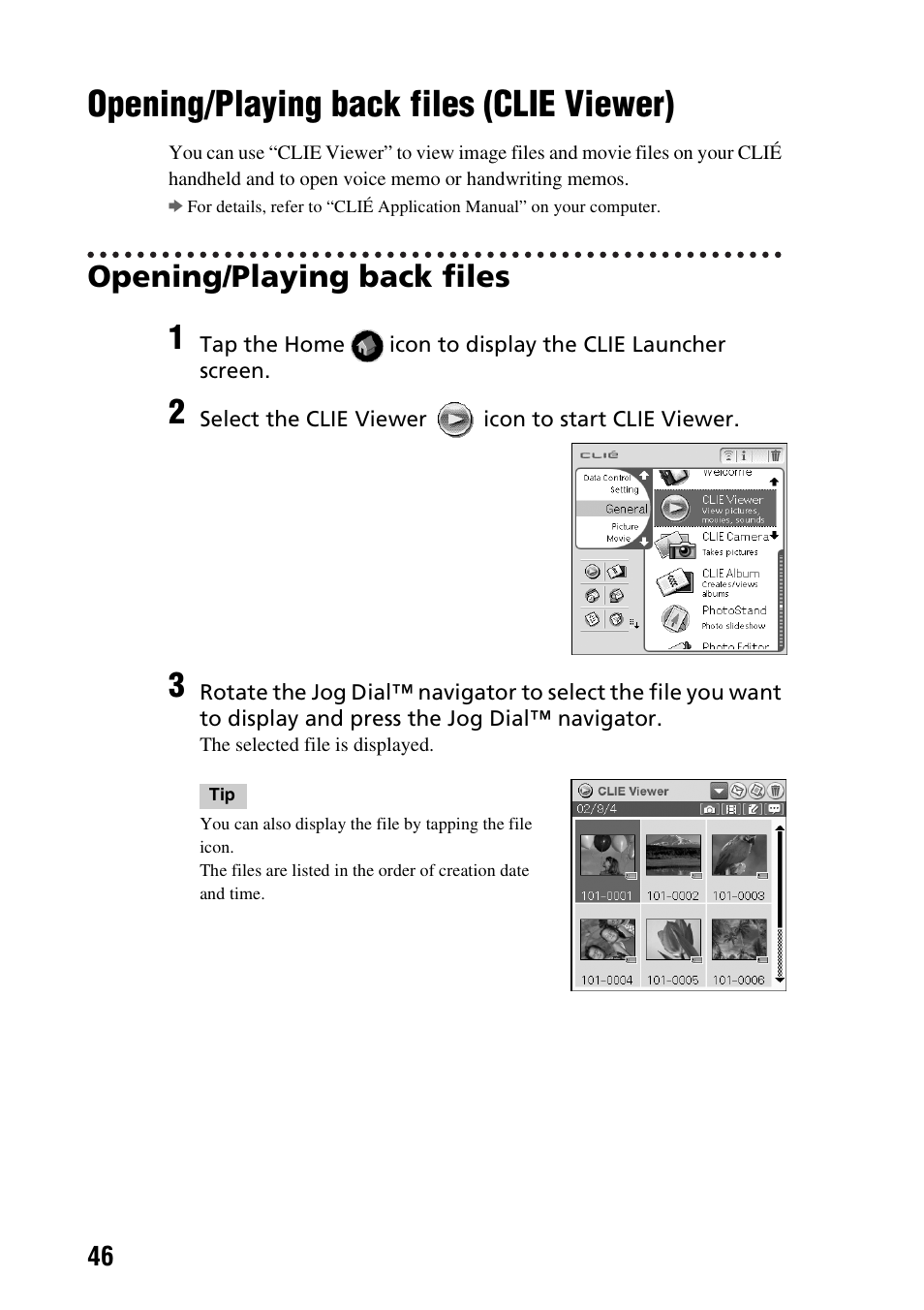 Opening/playing back files (clie viewer), Opening/playing back files, Clie viewer) | Sony PEG-NX60 User Manual | Page 46 / 104