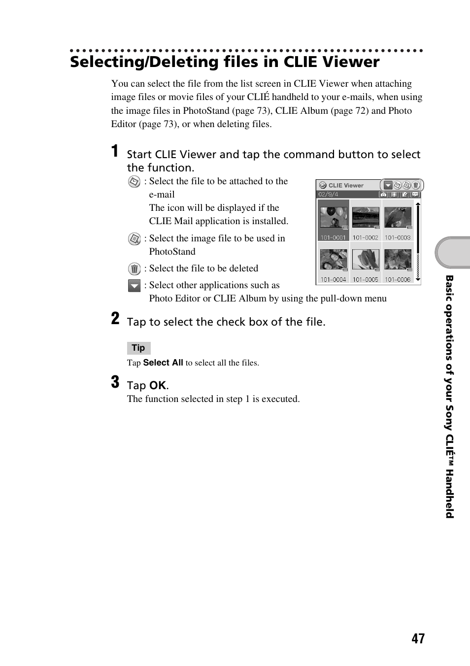 Selecting/deleting files in clie viewer | Sony PEG-NX60 User Manual | Page 47 / 104