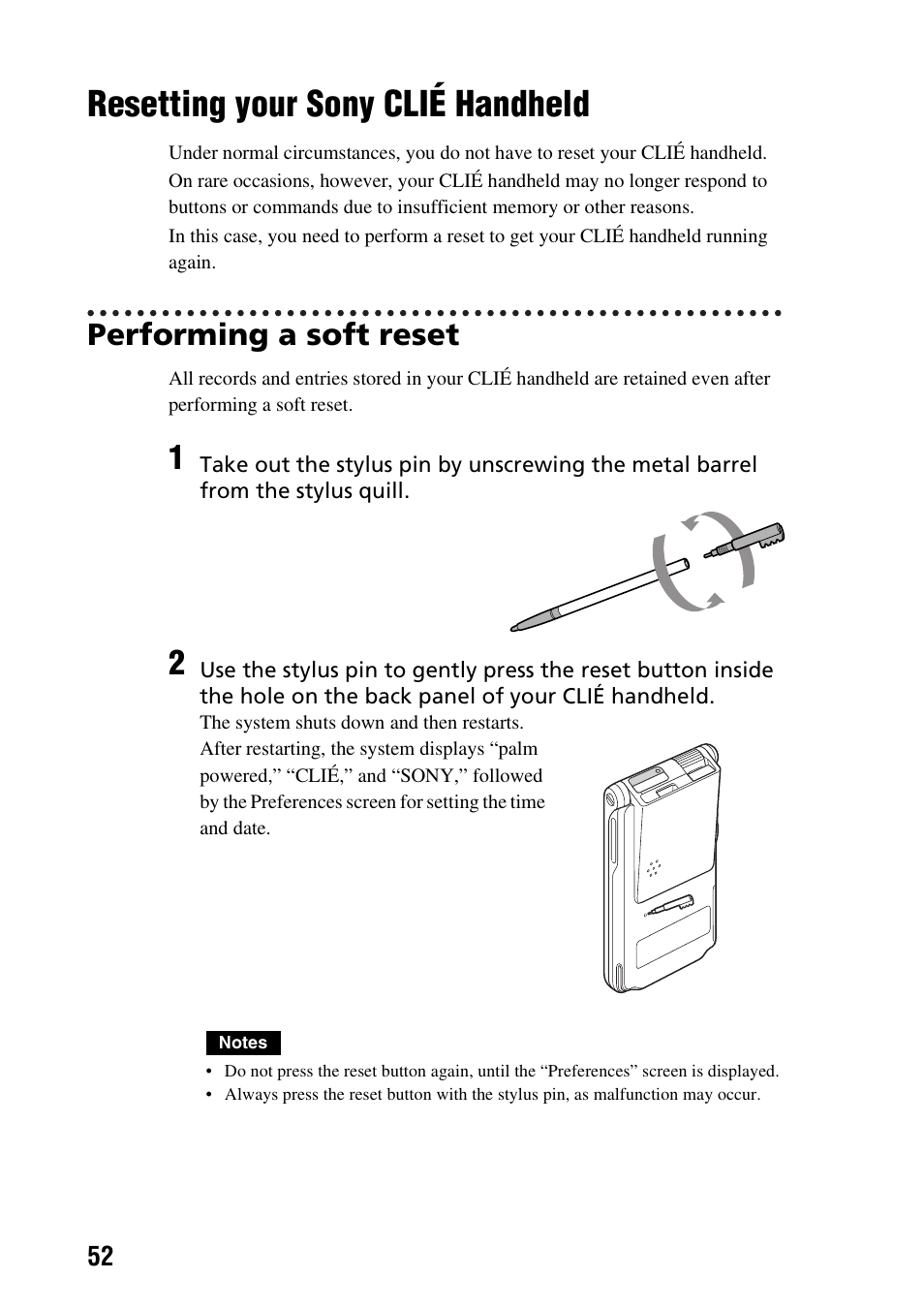 Resetting your sony clié handheld, Performing a soft reset, Resetting your sony clié | Handheld, E 52) | Sony PEG-NX60 User Manual | Page 52 / 104