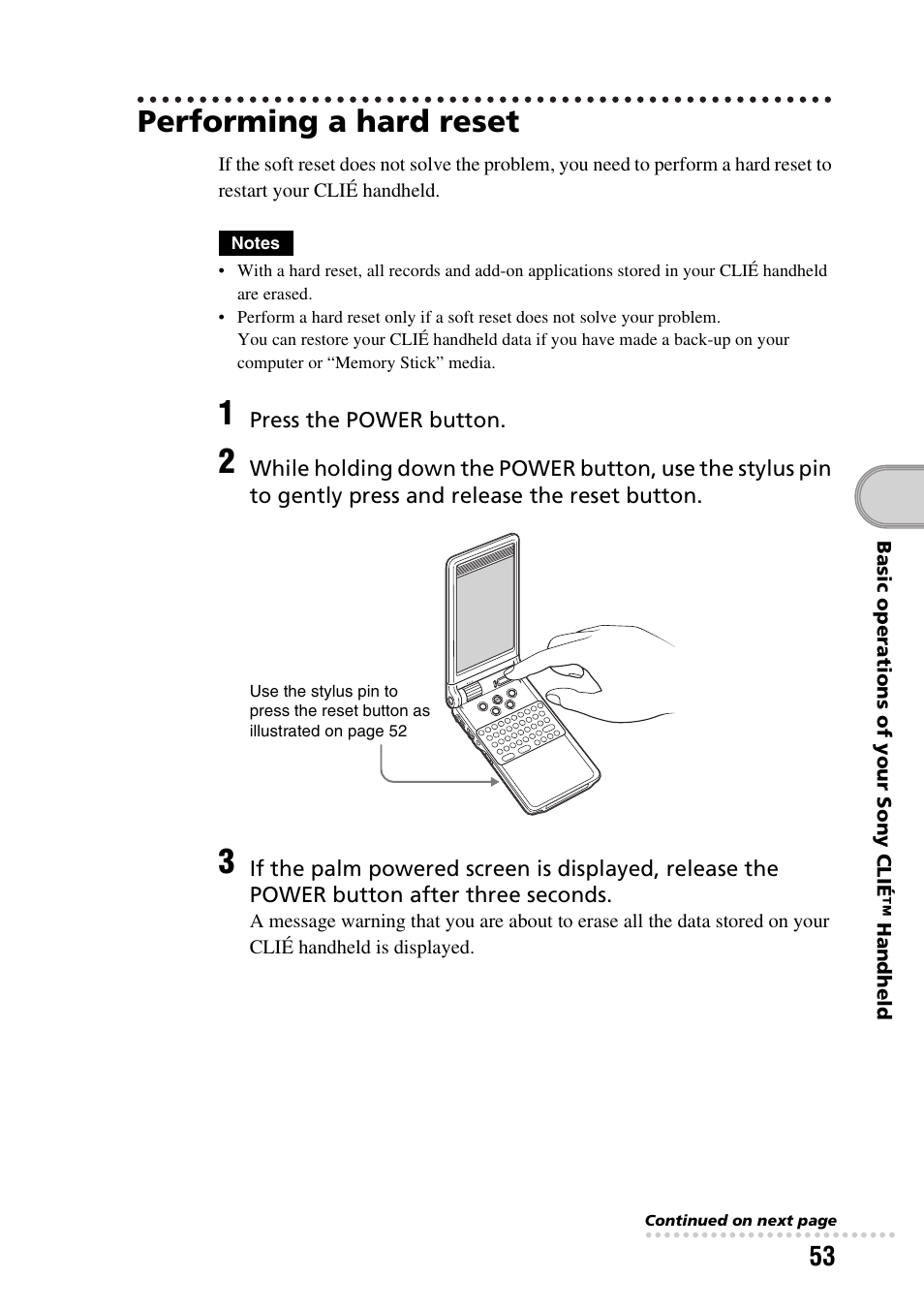 Performing a hard reset | Sony PEG-NX60 User Manual | Page 53 / 104