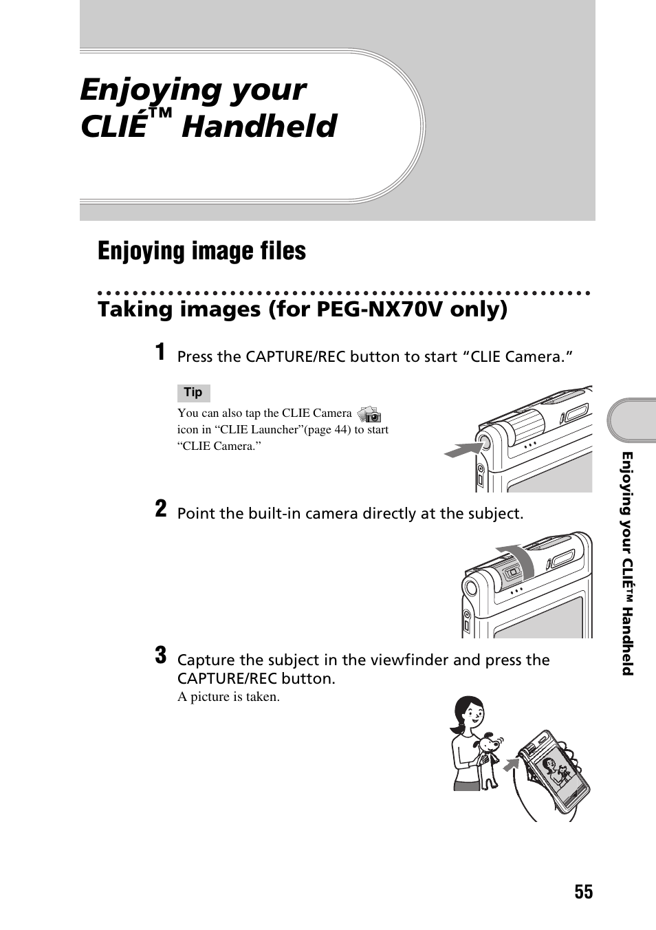 Enjoying your clié™ handheld, Enjoying image files, Taking images (for peg-nx70v only) | Enjoying your clié, Handheld | Sony PEG-NX60 User Manual | Page 55 / 104