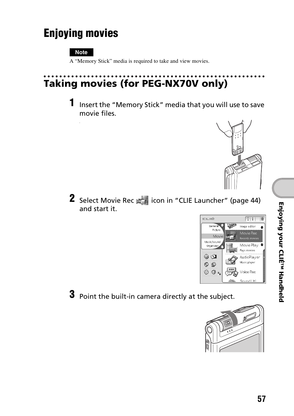 Enjoying movies, Taking movies (for peg-nx70v only) | Sony PEG-NX60 User Manual | Page 57 / 104