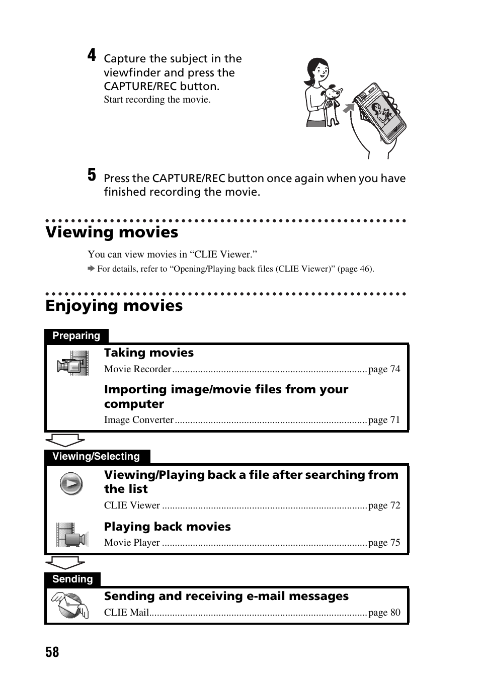 Viewing movies, Enjoying movies | Sony PEG-NX60 User Manual | Page 58 / 104