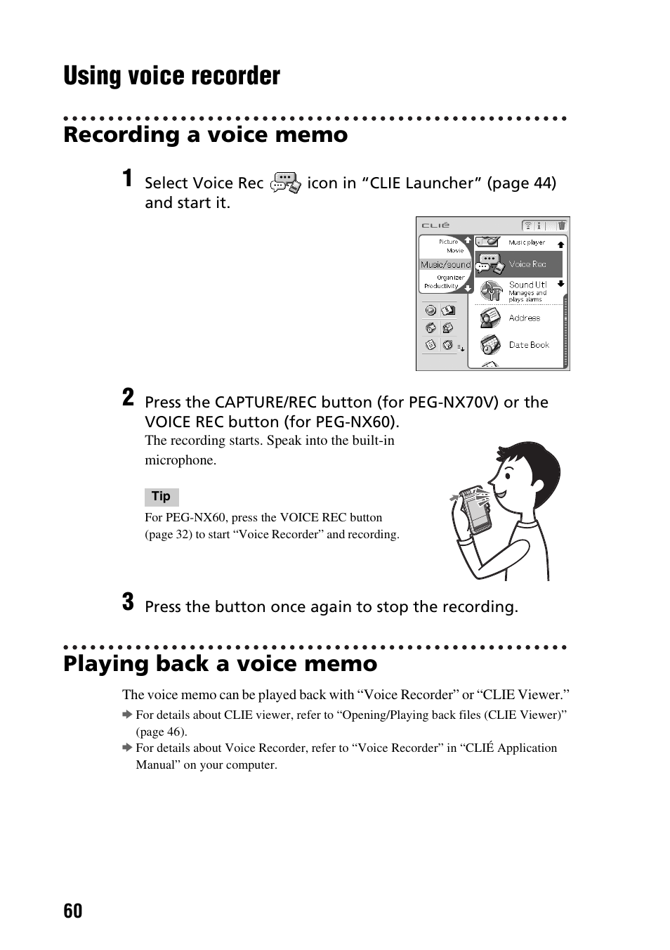 Using voice recorder, Recording a voice memo, Playing back a voice memo | Sony PEG-NX60 User Manual | Page 60 / 104