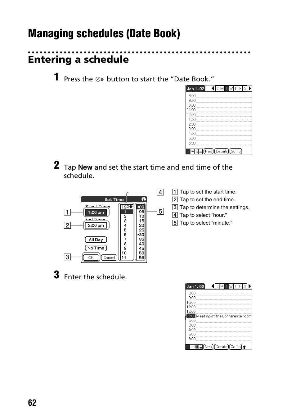 Managing schedules (date book), Entering a schedule | Sony PEG-NX60 User Manual | Page 62 / 104