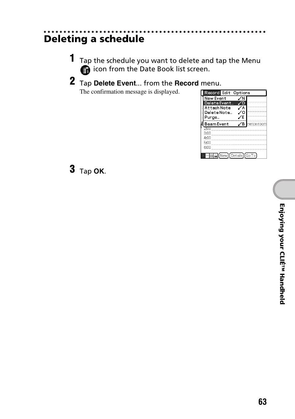 Deleting a schedule | Sony PEG-NX60 User Manual | Page 63 / 104