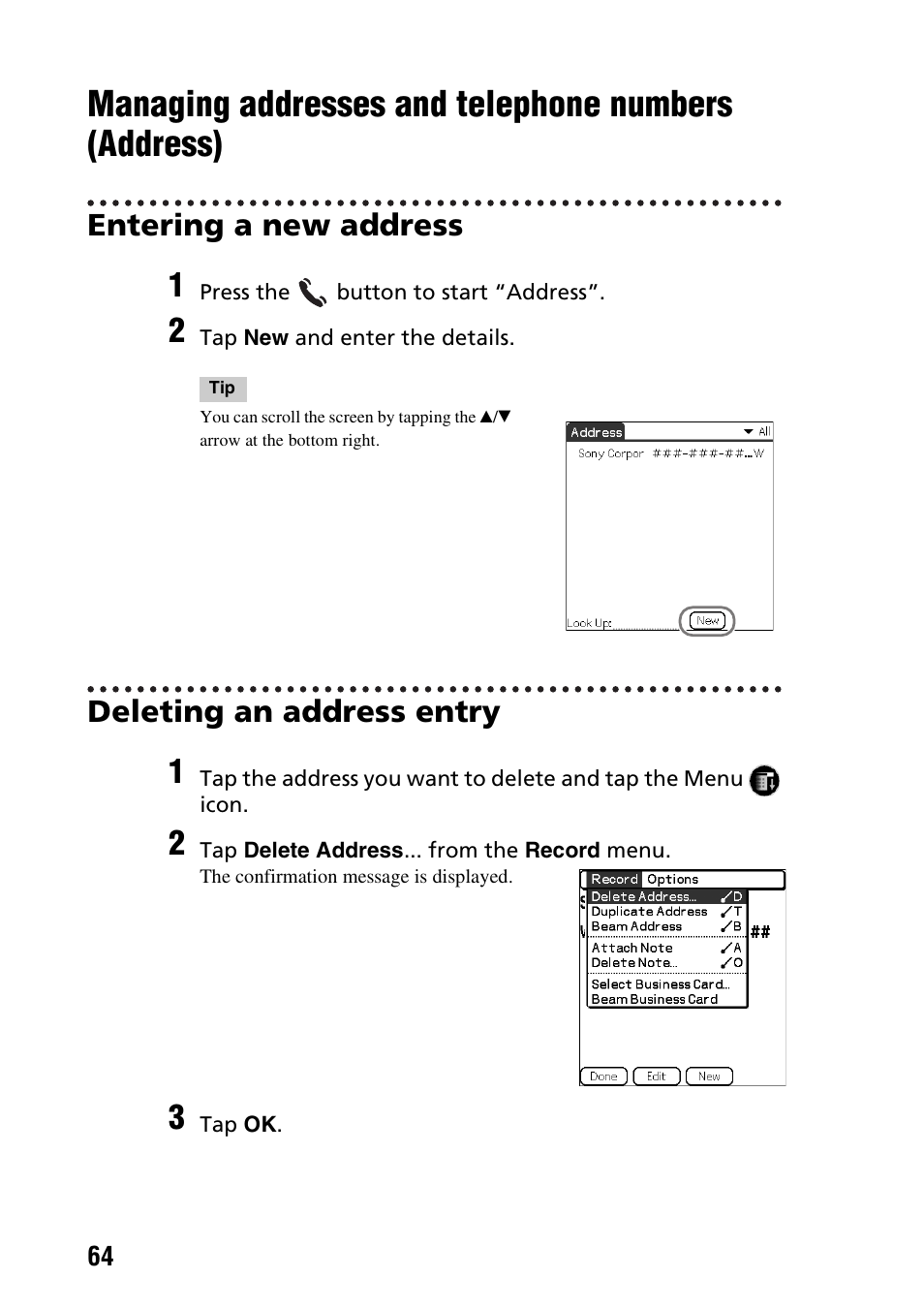 Managing addresses and telephone numbers (address), Entering a new address, Deleting an address entry | Managing addresses and telephone, Numbers (address), Entering a new address deleting an address entry | Sony PEG-NX60 User Manual | Page 64 / 104