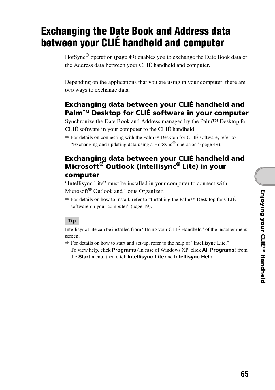 Exchanging the date book and address, Data between your clié handheld and computer, Outlook (intellisync | Lite) in your computer | Sony PEG-NX60 User Manual | Page 65 / 104