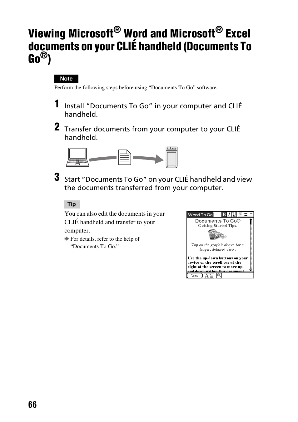 Viewing microsoft, Word and, Microsoft | Excel documents on your, Clié handheld (documents to go, Word and microsoft | Sony PEG-NX60 User Manual | Page 66 / 104