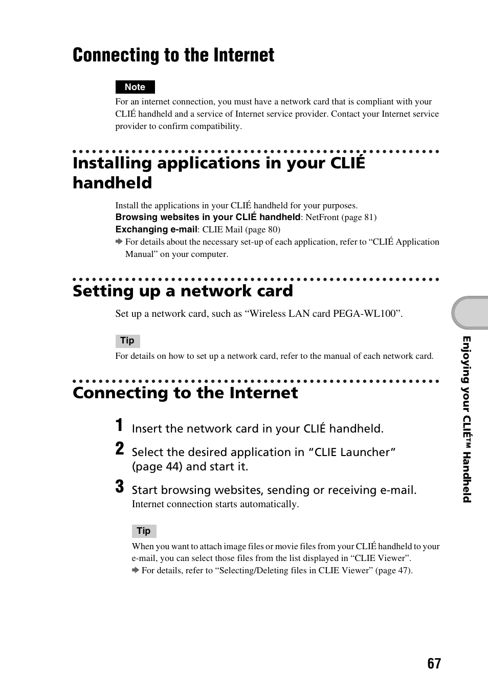 Connecting to the internet, Installing applications in your clié handheld, Setting up a network card | Sony PEG-NX60 User Manual | Page 67 / 104