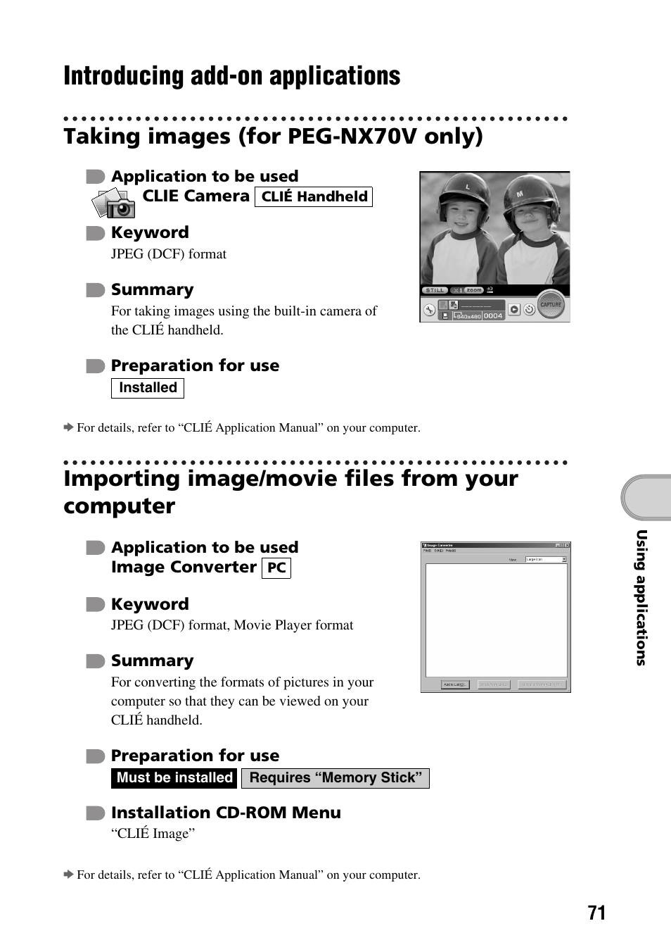 Introducing add-on applications, Taking images (for peg-nx70v only), Importing image/movie files from your computer | Sony PEG-NX60 User Manual | Page 71 / 104