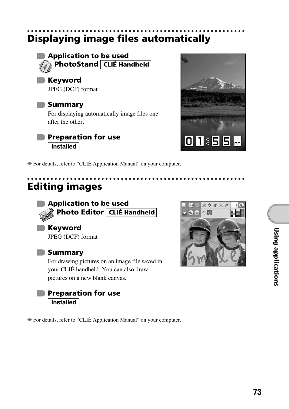 Displaying image files automatically, Editing images | Sony PEG-NX60 User Manual | Page 73 / 104