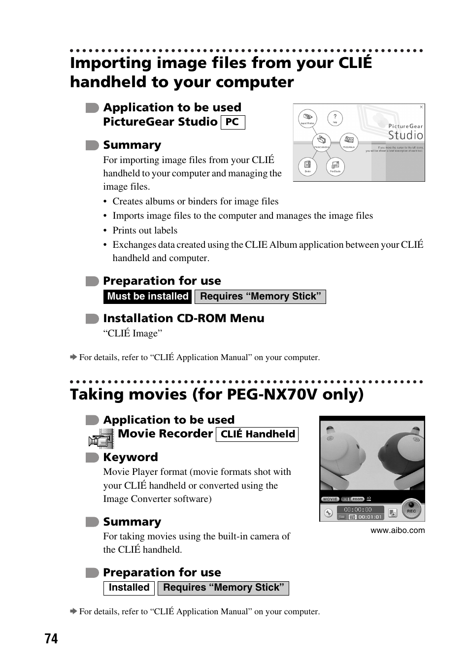 Taking movies (for peg-nx70v only) | Sony PEG-NX60 User Manual | Page 74 / 104