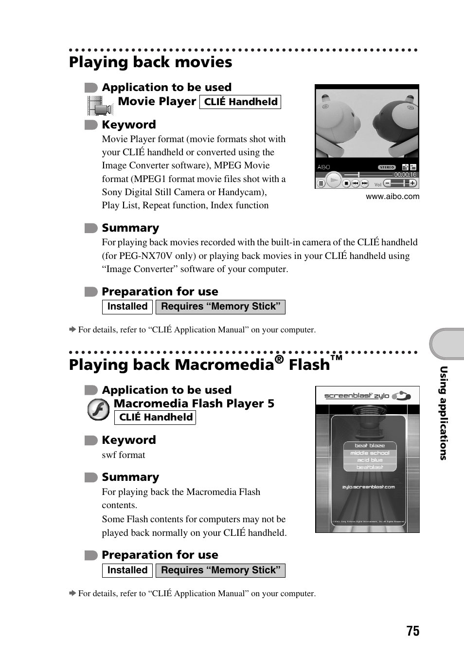 Playing back movies, Playing back macromedia® flash, Playing back macromedia | Flash | Sony PEG-NX60 User Manual | Page 75 / 104