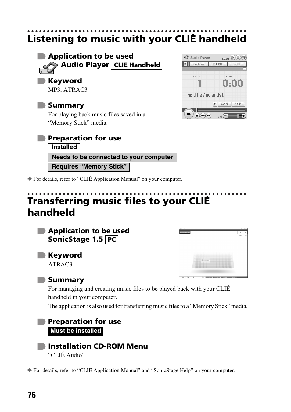 Listening to music with your clié handheld, Transferring music files to your clié handheld | Sony PEG-NX60 User Manual | Page 76 / 104