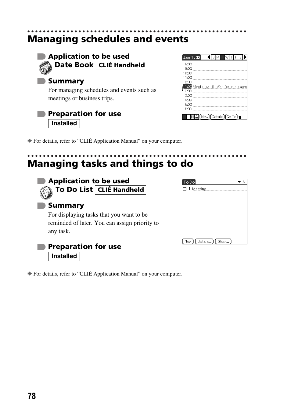 Managing schedules and events, Managing tasks and things to do | Sony PEG-NX60 User Manual | Page 78 / 104