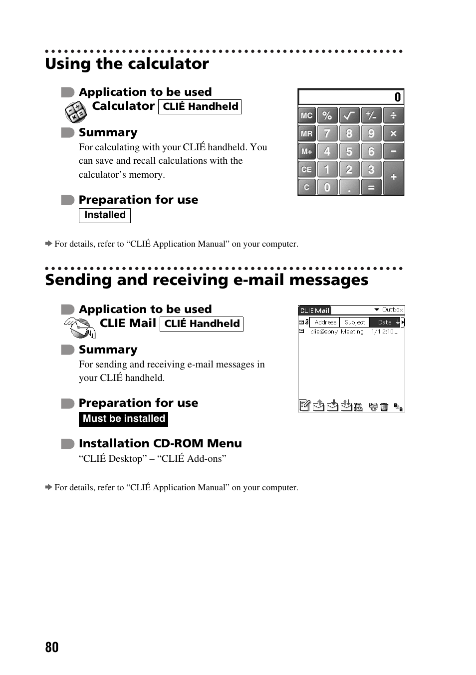 Using the calculator, Sending and receiving e-mail messages, E 80) | Sony PEG-NX60 User Manual | Page 80 / 104