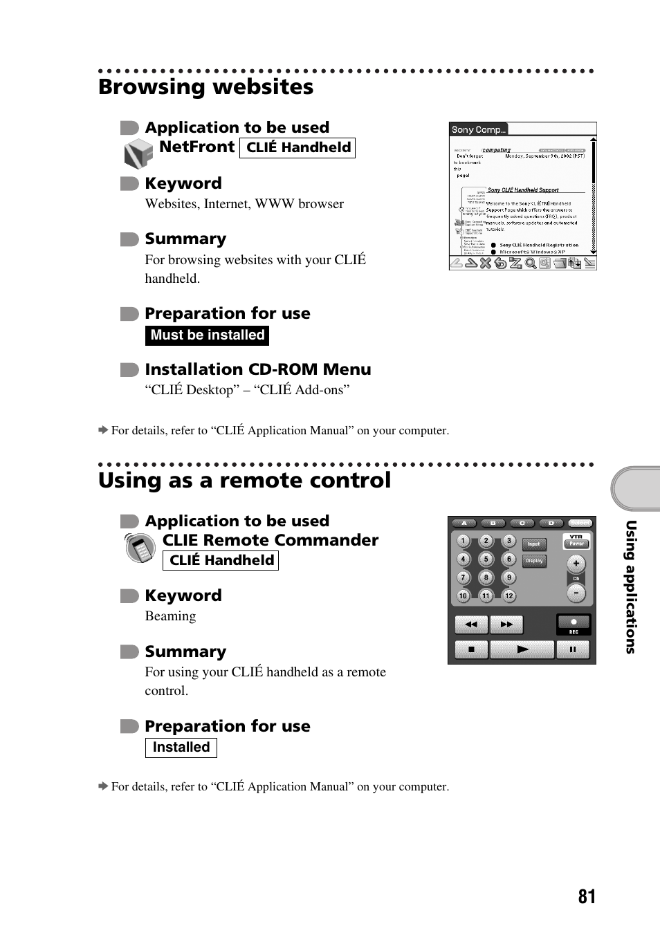 Browsing websites, Using as a remote control | Sony PEG-NX60 User Manual | Page 81 / 104