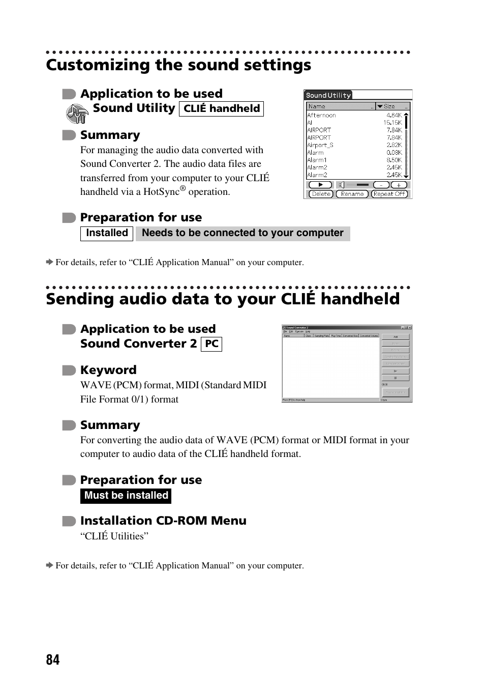 Customizing the sound settings, Sending audio data to your clié handheld | Sony PEG-NX60 User Manual | Page 84 / 104