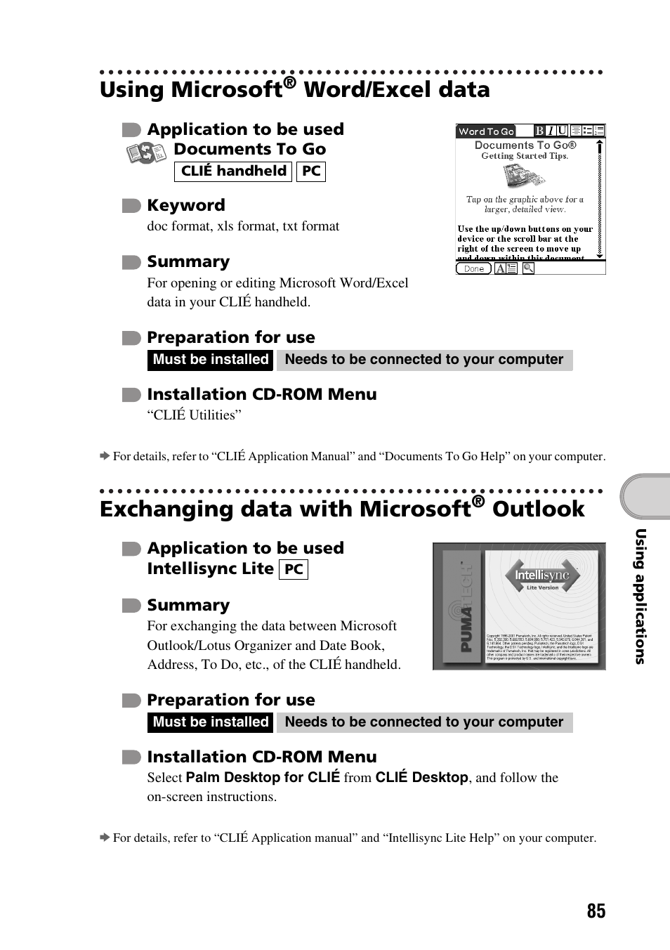 Using microsoft® word/excel data, Exchanging data with microsoft® outlook, Using microsoft | Word/excel data, Exchanging data with microsoft, Outlook | Sony PEG-NX60 User Manual | Page 85 / 104