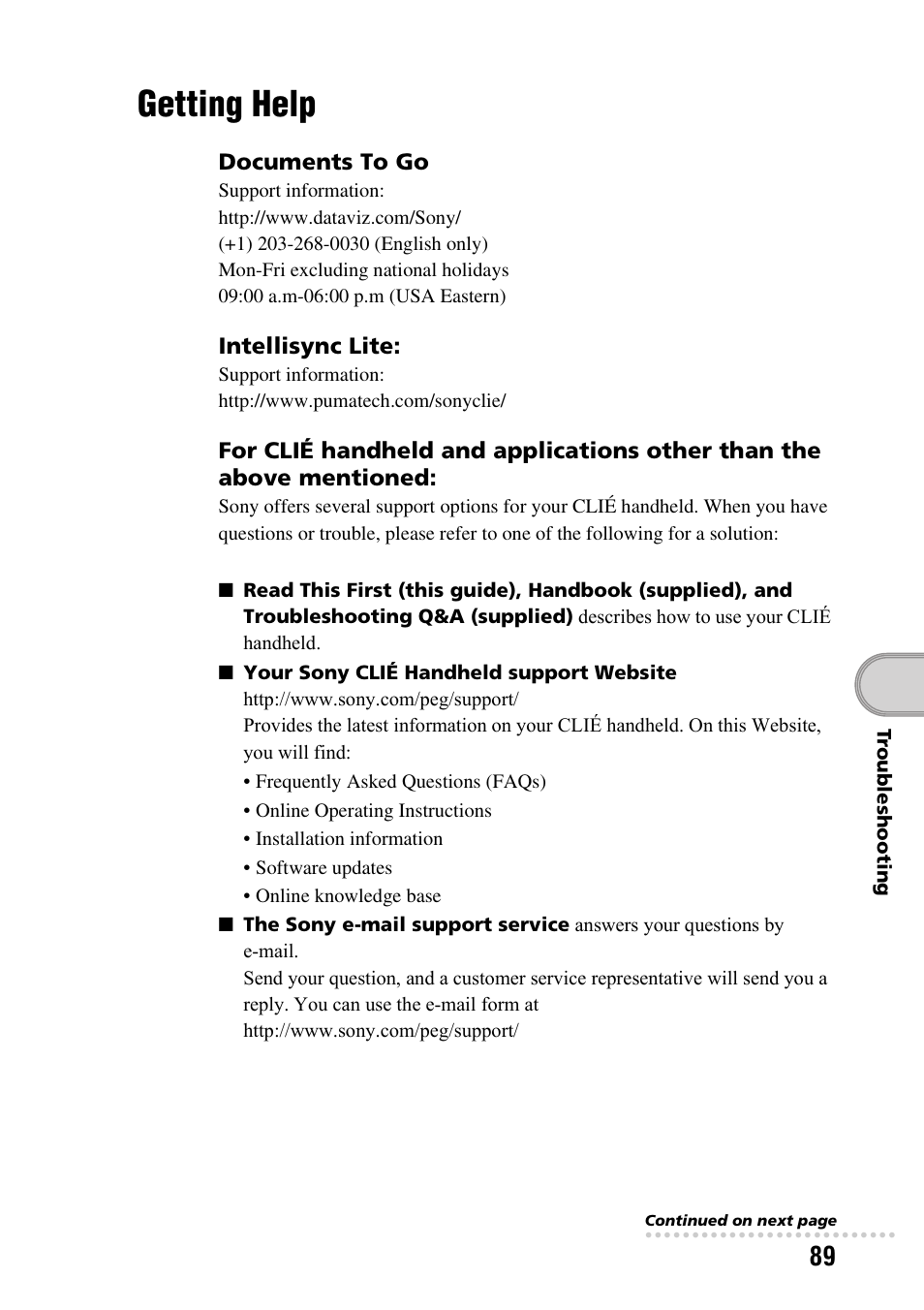 Getting help | Sony PEG-NX60 User Manual | Page 89 / 104