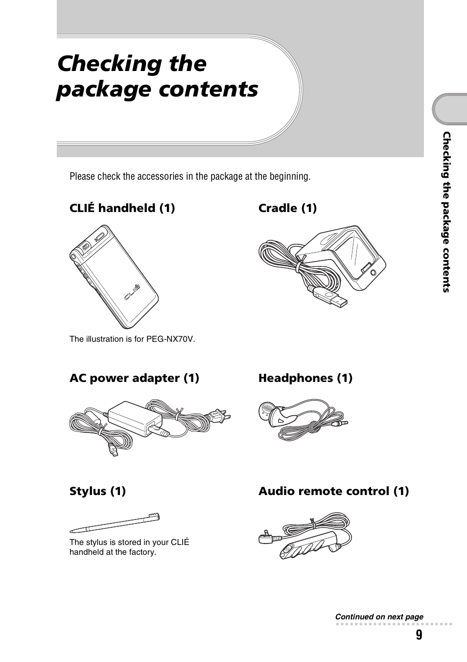 Checking the package contents | Sony PEG-NX60 User Manual | Page 9 / 104