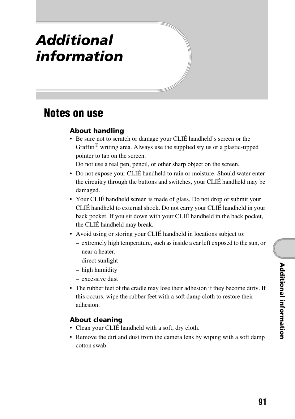 Additional information, Notes on use | Sony PEG-NX60 User Manual | Page 91 / 104