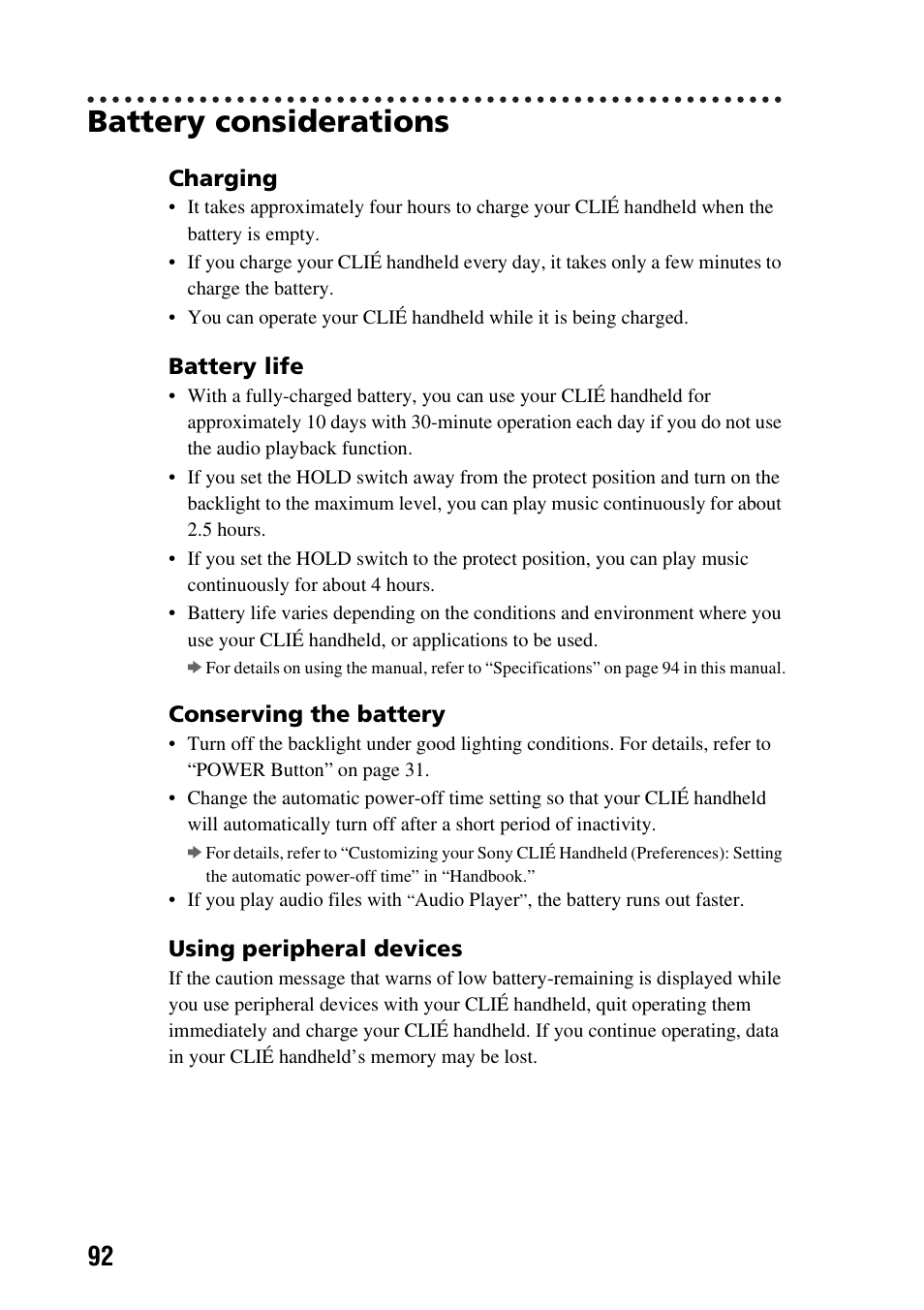 Battery considerations | Sony PEG-NX60 User Manual | Page 92 / 104