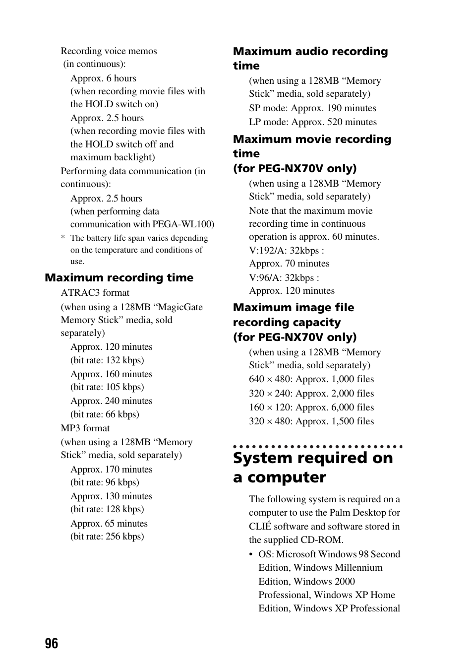 System required on a computer | Sony PEG-NX60 User Manual | Page 96 / 104