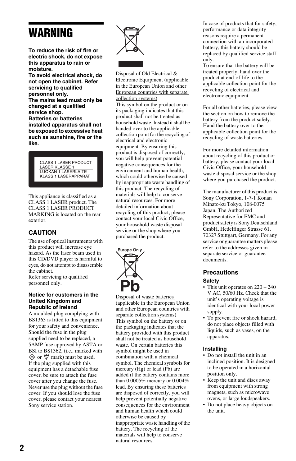 Warning | Sony DVP-NS728H User Manual | Page 2 / 52