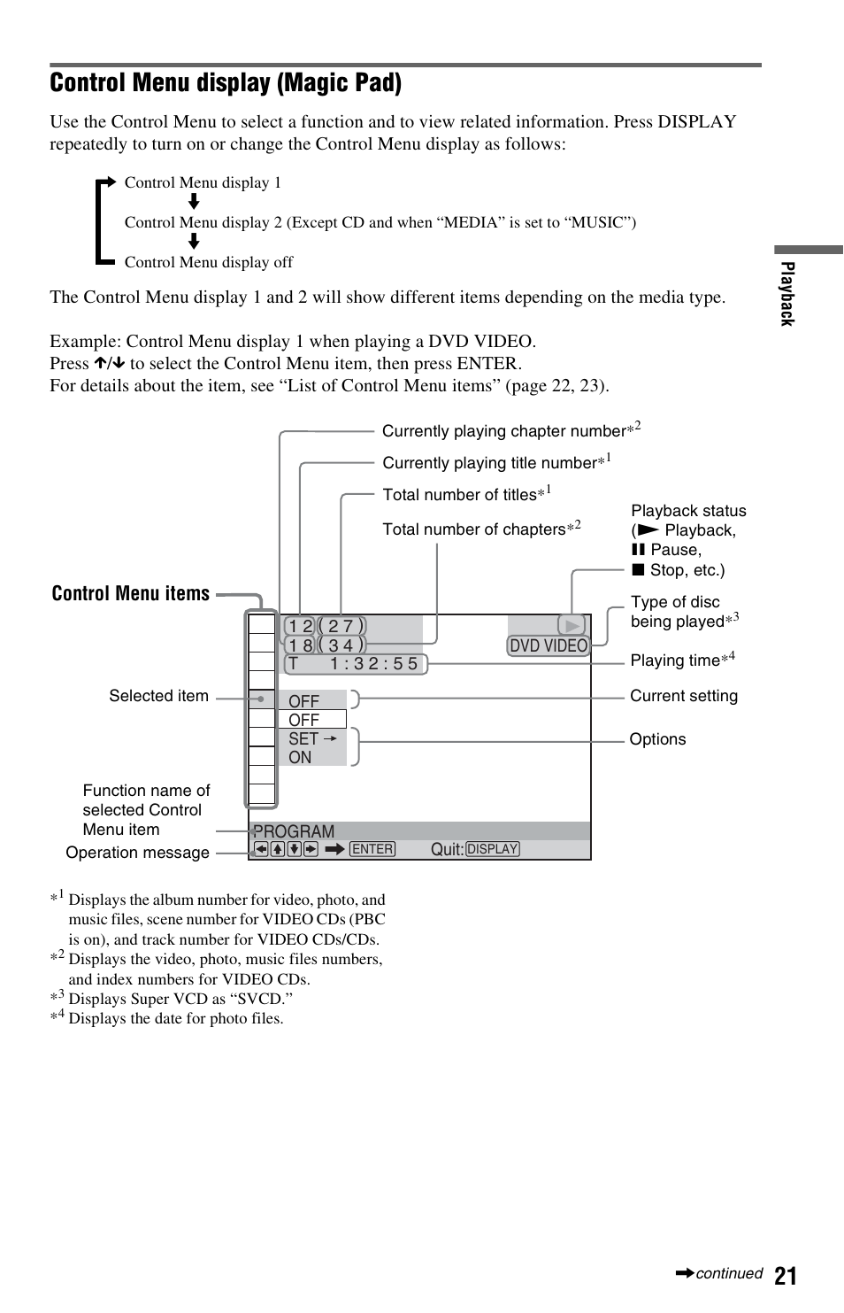 Control menu display (magic pad), Control menu items | Sony DVP-NS728H User Manual | Page 21 / 52