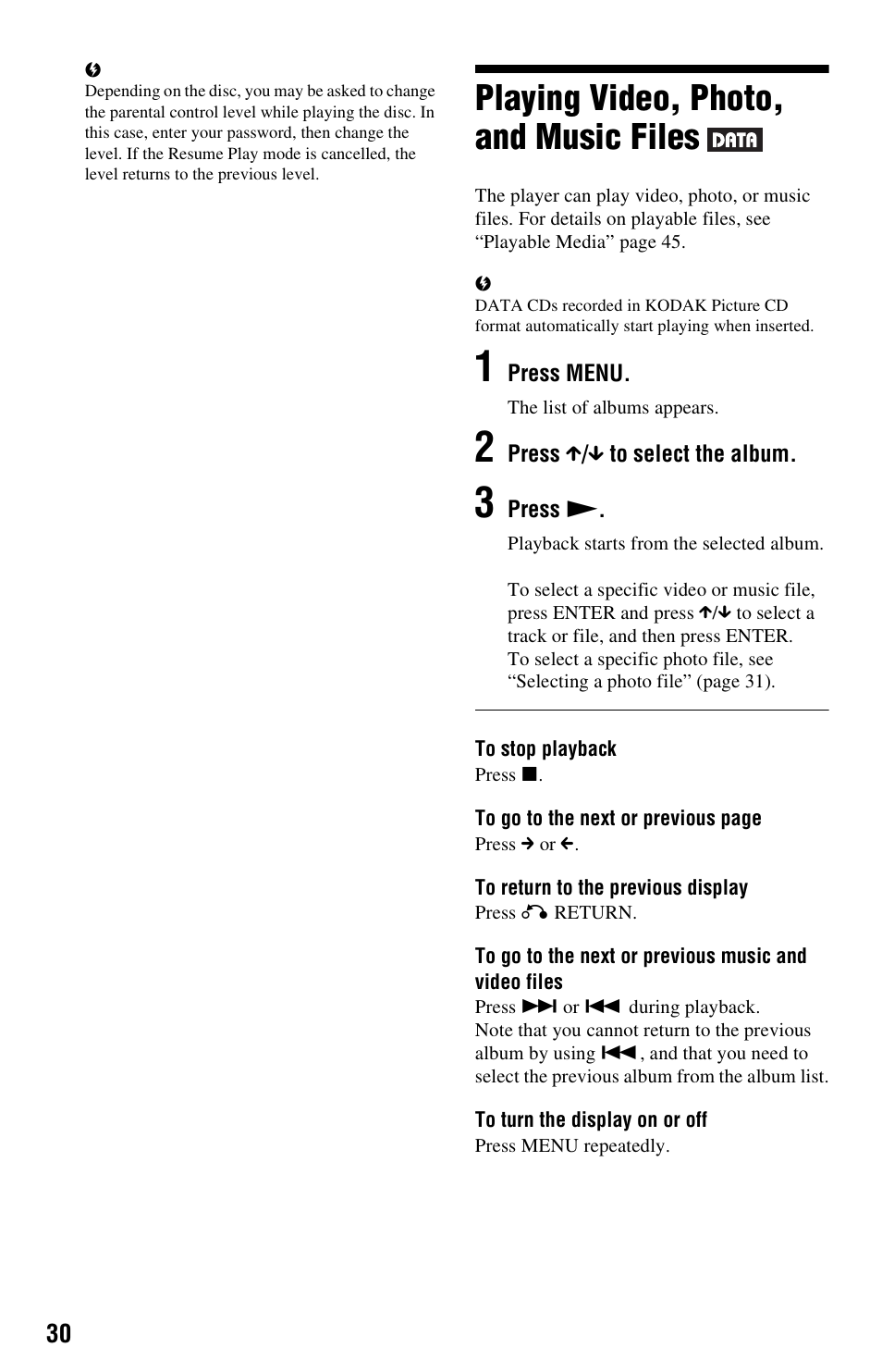 Playing video, photo, and music files, Nu (30) | Sony DVP-NS728H User Manual | Page 30 / 52