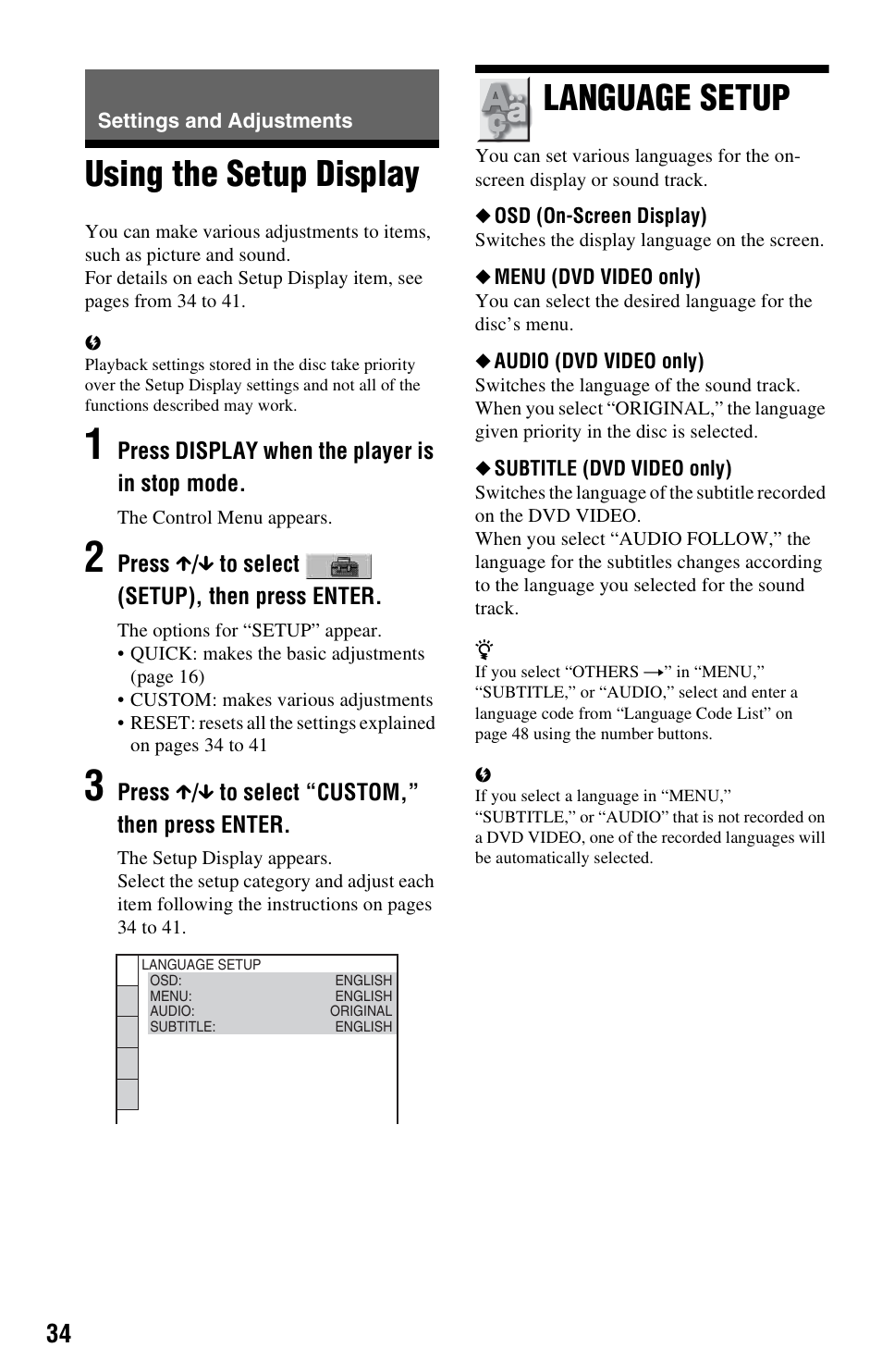 Settings and adjustments, Using the setup display, Language setup | Using the setup display language setup | Sony DVP-NS728H User Manual | Page 34 / 52