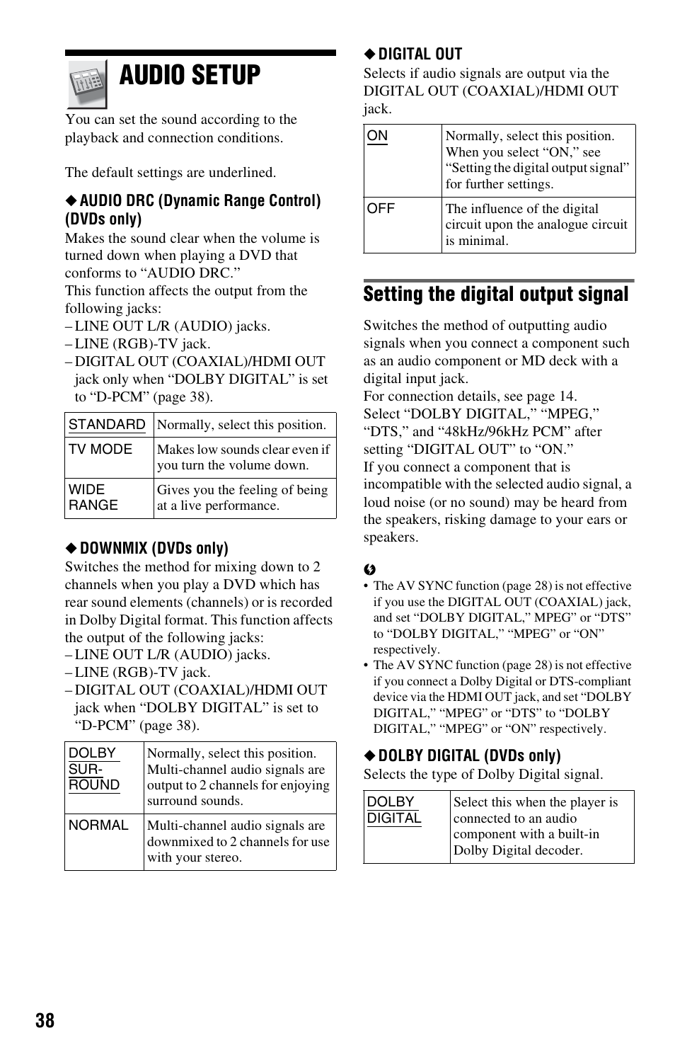 Audio setup, Setting the digital output signal | Sony DVP-NS728H User Manual | Page 38 / 52