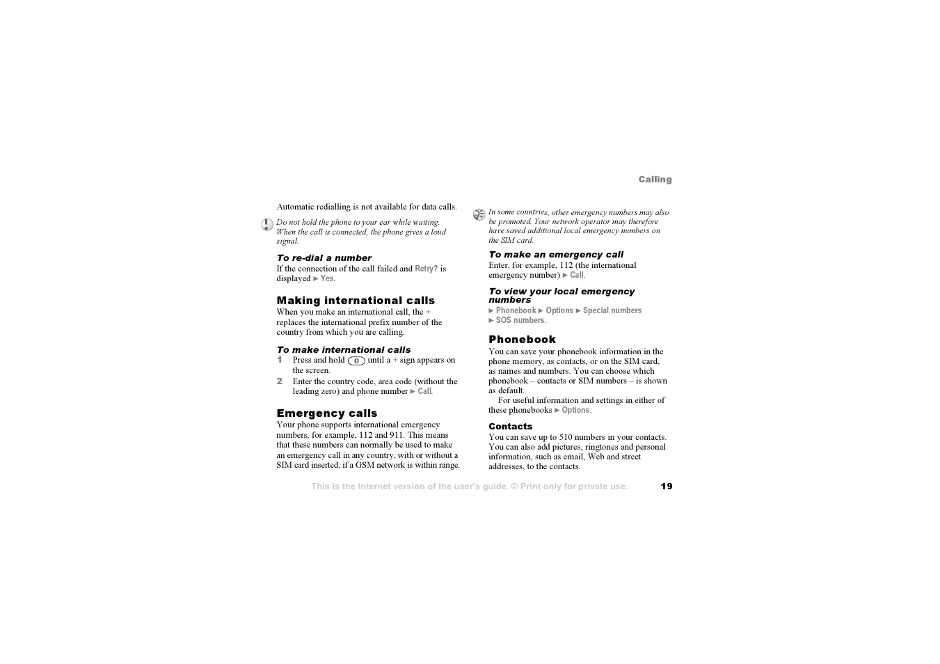 19 phonebook, 19 emergency calls | Sony F500i User Manual | Page 19 / 94