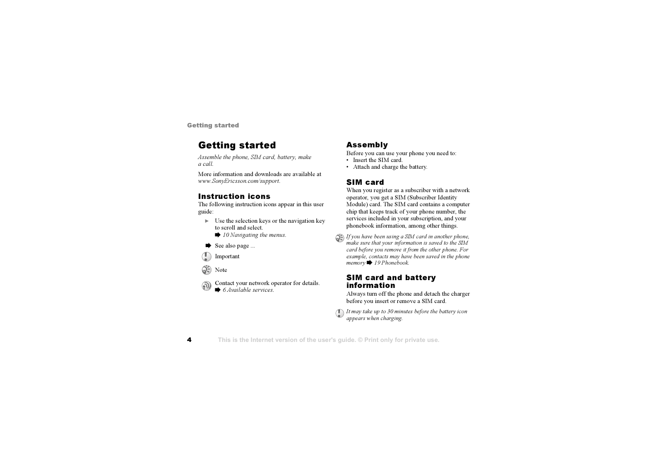 Getting started, Assemble the phone, sim card, battery, make a call | Sony F500i User Manual | Page 4 / 94