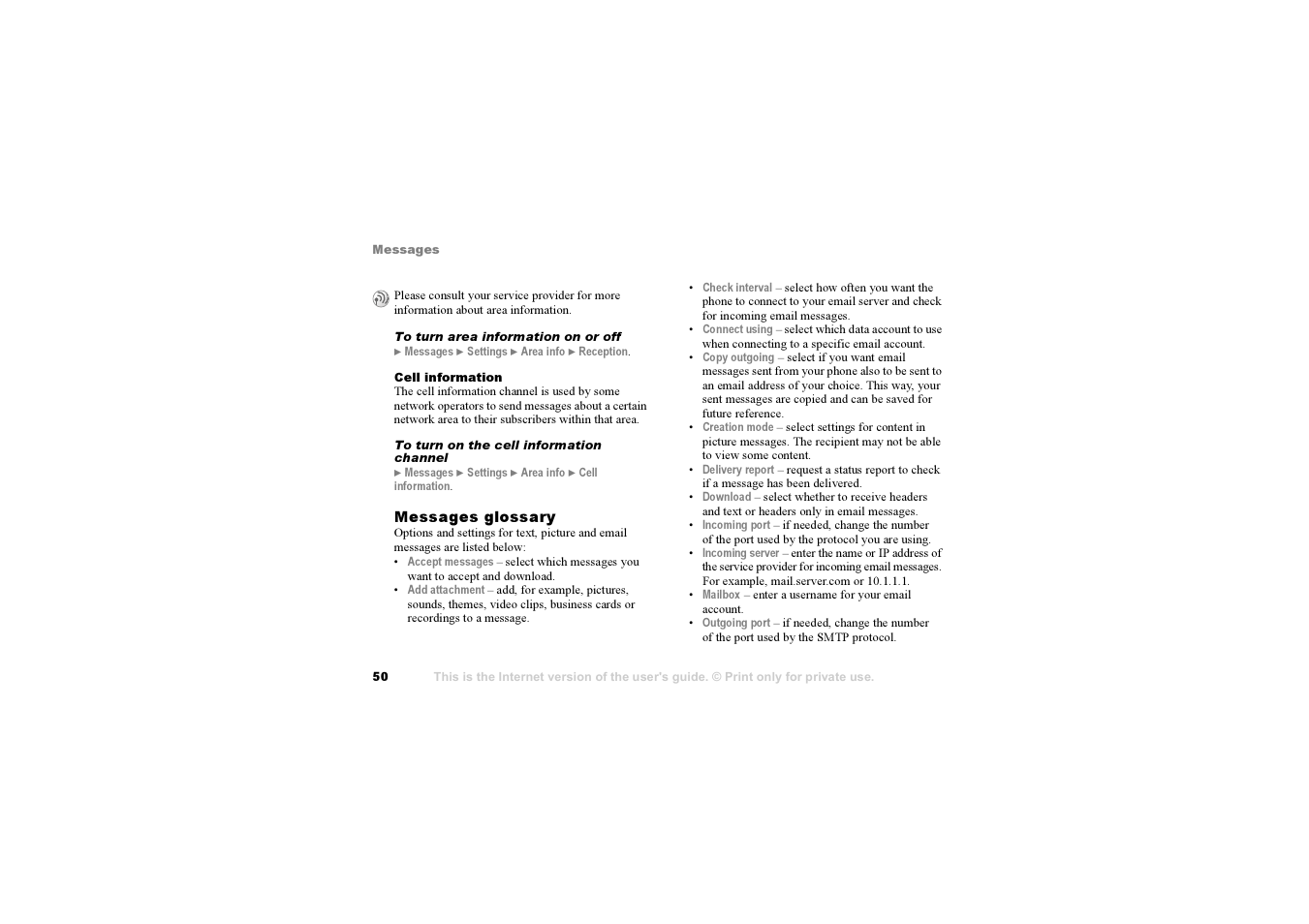 50 messages glossary, 50 messages, Glossary | Sony F500i User Manual | Page 50 / 94