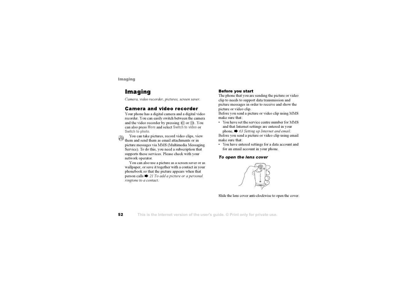 Imaging, Camera, video recorder, pictures, screen saver | Sony F500i User Manual | Page 52 / 94