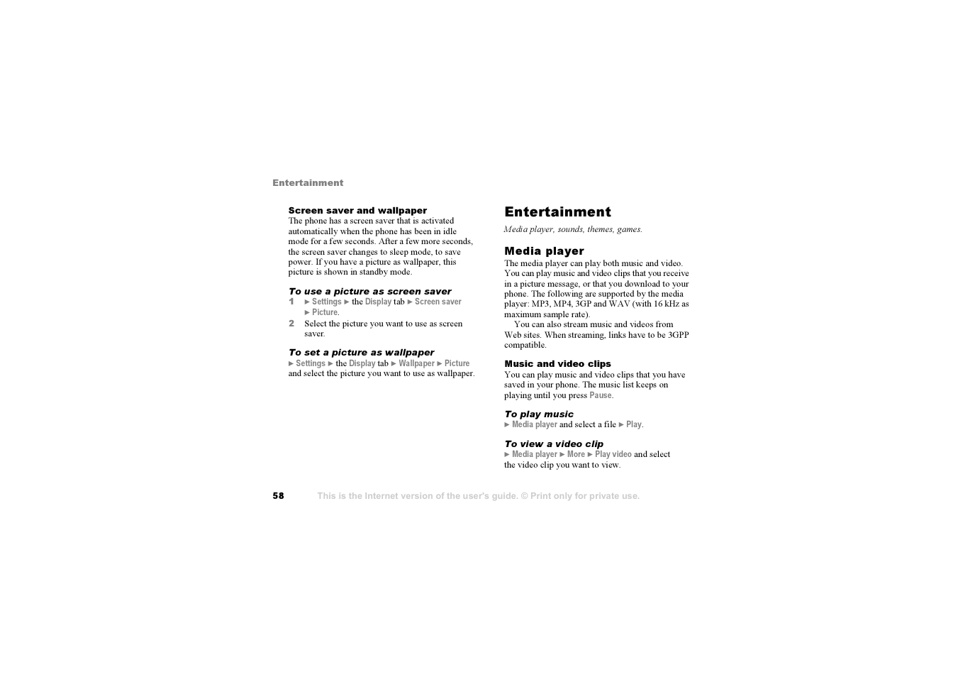 Entertainment, Media player, sounds, themes, games | Sony F500i User Manual | Page 58 / 94