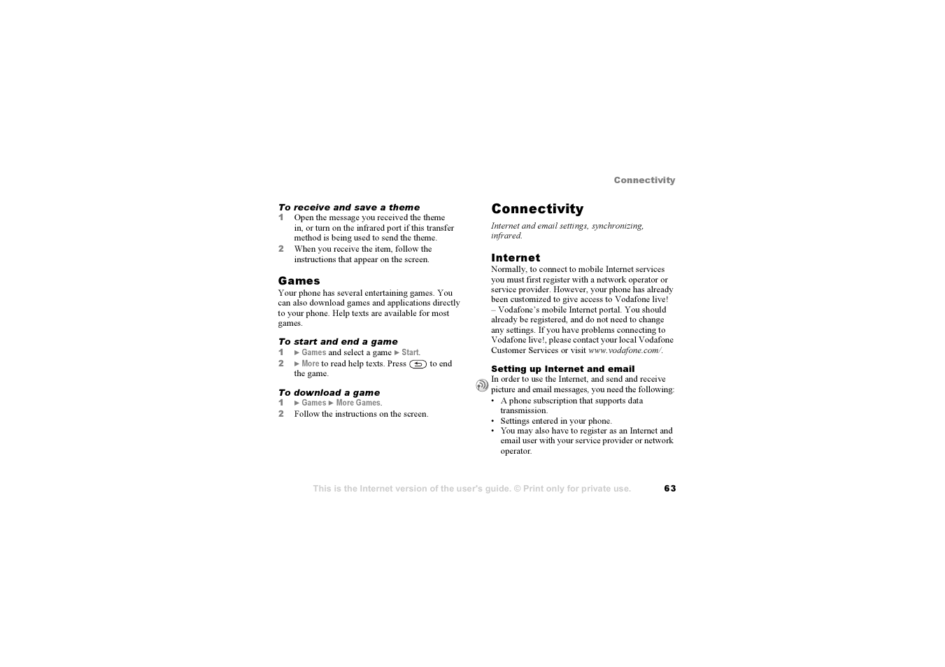 Connectivity, 63 setting up internet and email | Sony F500i User Manual | Page 63 / 94