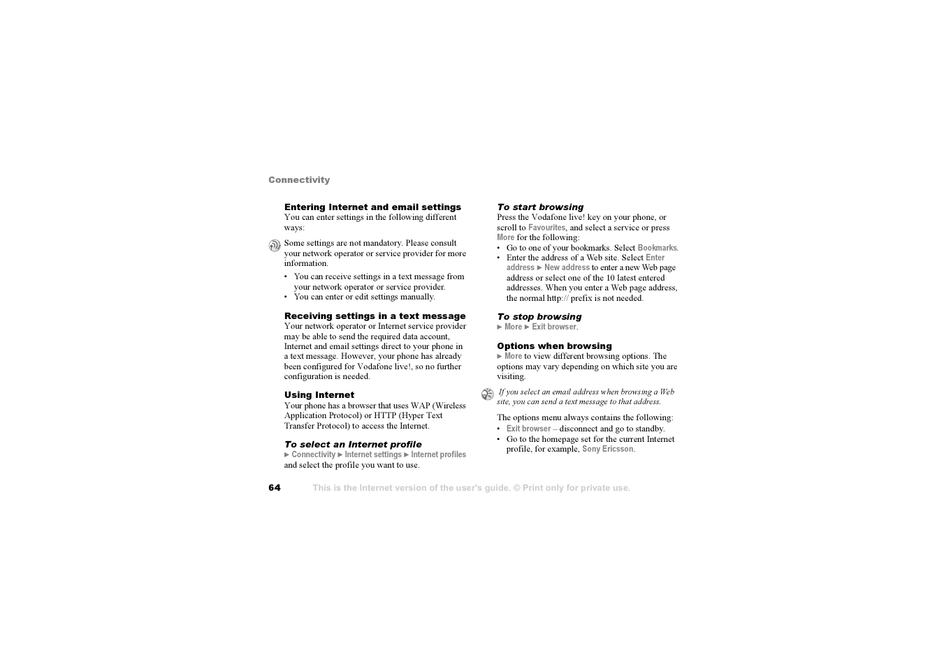 64 entering, Internet and email settings | Sony F500i User Manual | Page 64 / 94
