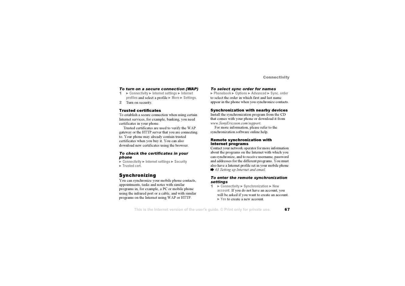 67 to enter, The remote synchronization settings | Sony F500i User Manual | Page 67 / 94