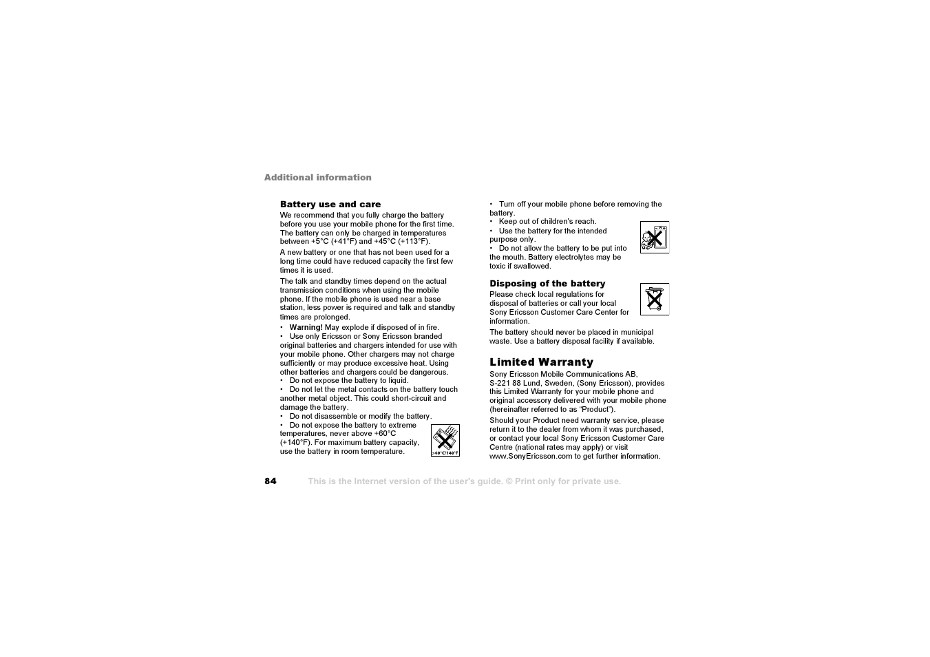84 battery use and care, Limited warranty | Sony F500i User Manual | Page 84 / 94